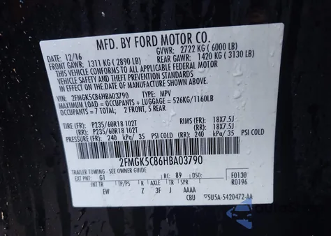 2017 Ford Flex Sel from USA, damaged, VIN 2FMGK5C86HBA03790